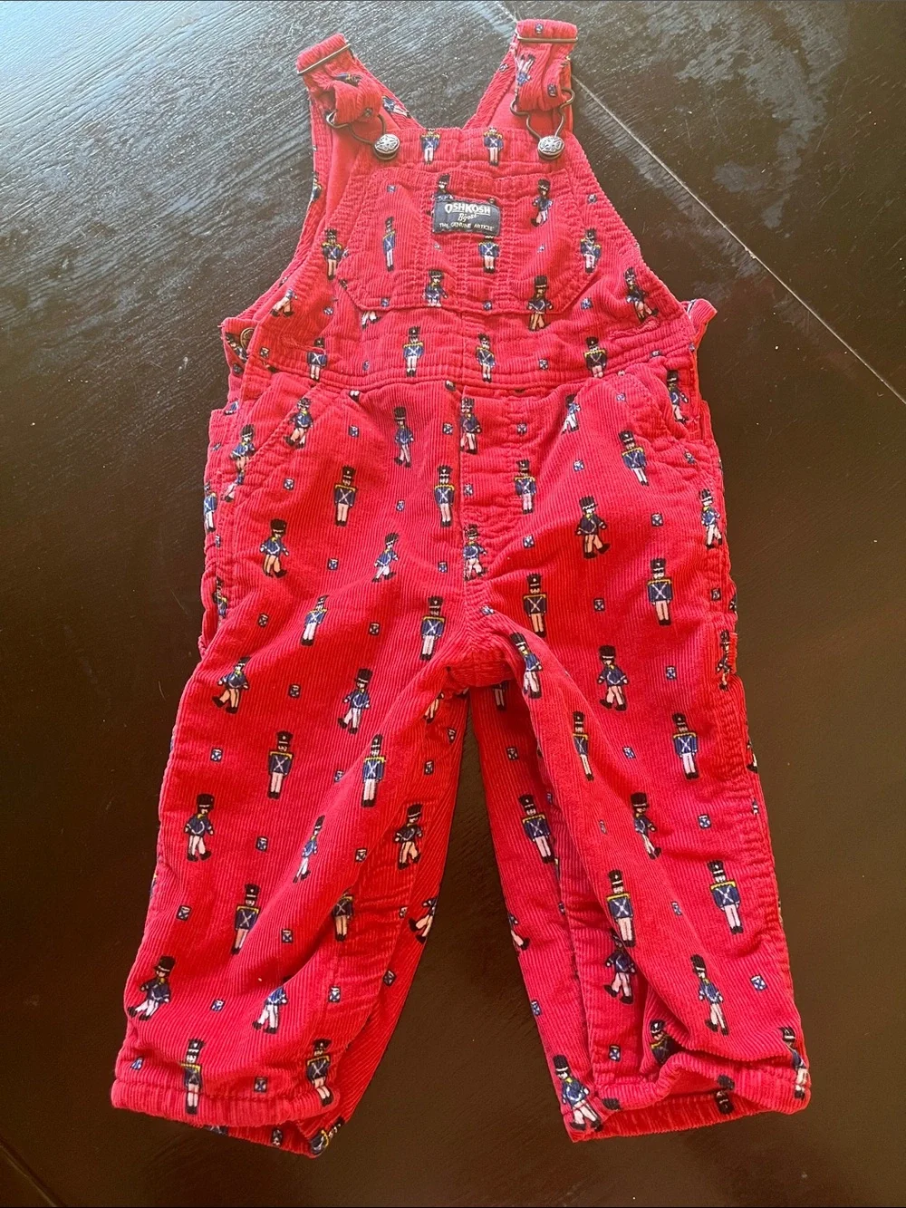 OshKosh B'gosh Red Corduroy Toy Soldier Print Overalls 12M vintage
